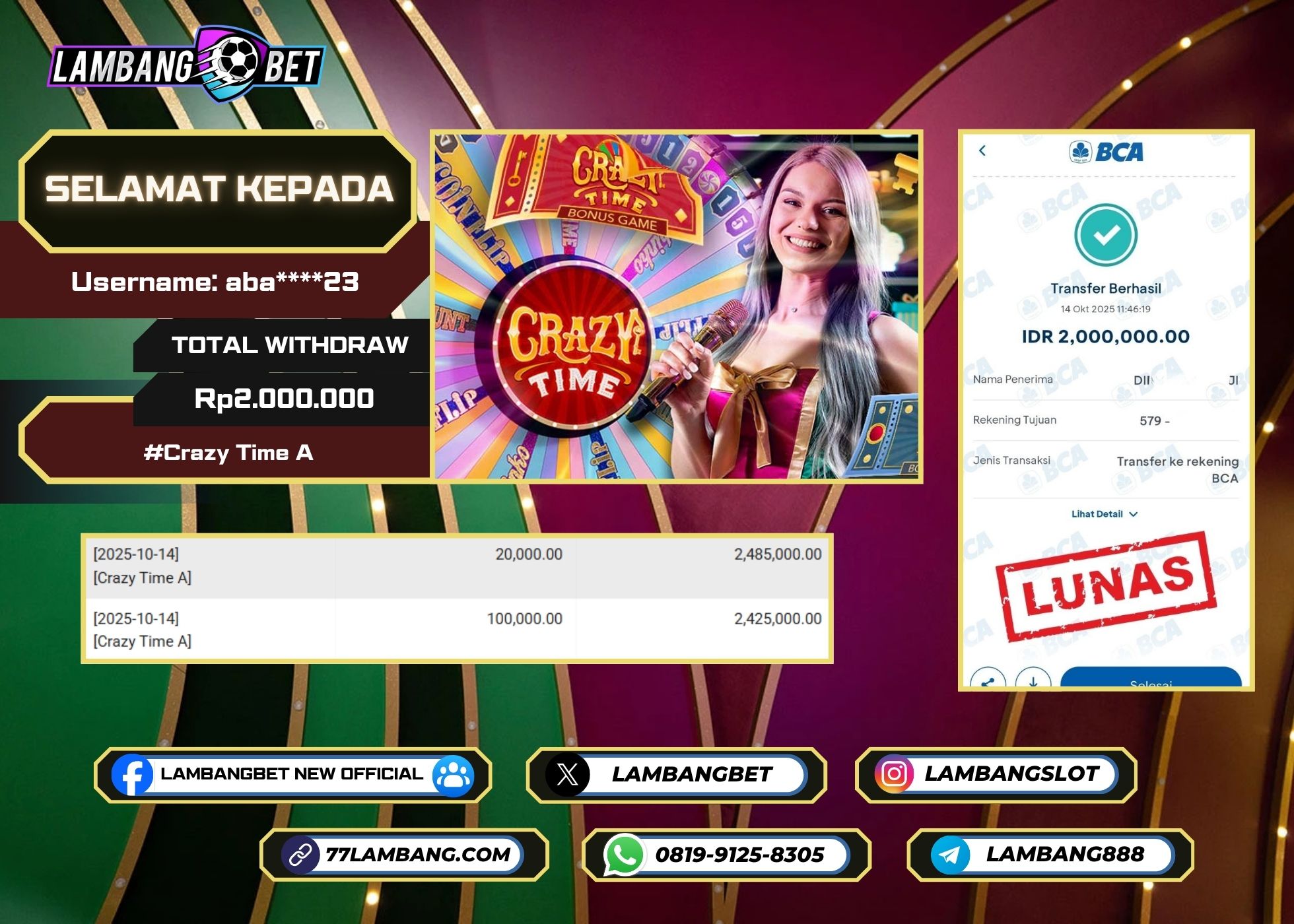 LAMBANGBET [14 OKTOBER 2025] JACKPOT LIVE CASINO Crazy Time A "Rp2.000.000" LUNAS